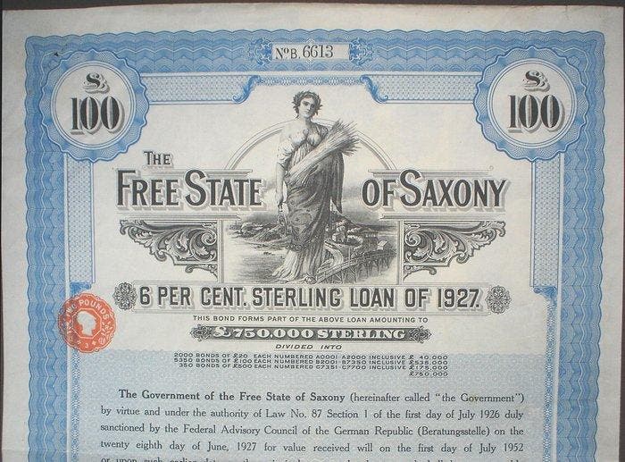 Duitsland. Germany 6% Free State of Saxony Loan of 100 £ to, Antiek en Kunst, Antiek | Speelgoed
