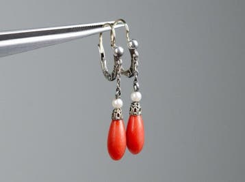 - Or 8K / Argent 800 - Coraux - Perles Akoya - Boucles, Antiek en Kunst