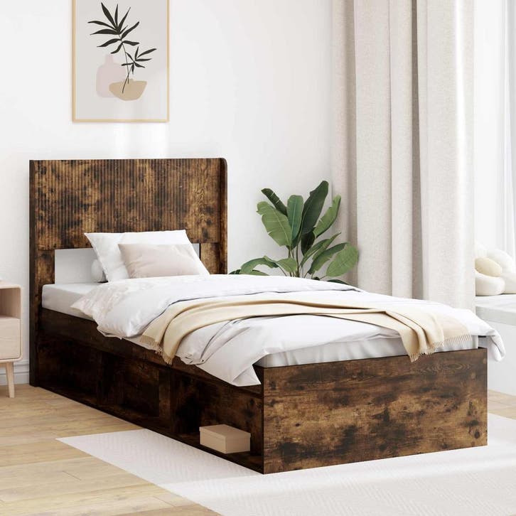 vidaXL Bedframe met opbergruimte en hoofdbord Gerookt eiken, Huis en Inrichting, Slaapkamer | Bedden, Nieuw, Verzenden