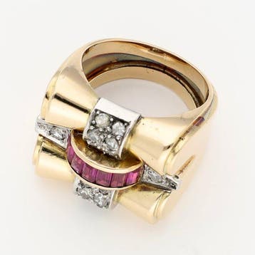 Ring - 18 karaat Geel goud, Platina - Diamant - Robijn, Nieuw