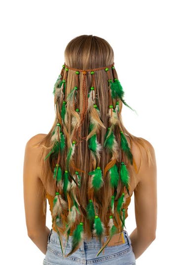 KIMU® Hoofdband Veren Groen Bruin Ibiza Hippie Indiaan Haarb, Ophalen of Verzenden