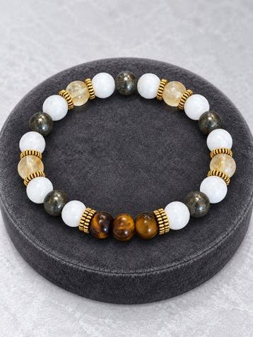 Citrine Œil de Tigre, Pyrite et Pierre de Lune - Bracelet de