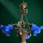 Kroonluchter - vintage in smeedijzer en Blauw Glas – 3