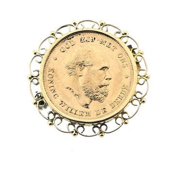 Gouden broche van 10 gulden munt Koning Willem De Derde 1875, Ophalen of Verzenden, Gebruikt, Goud, Goud