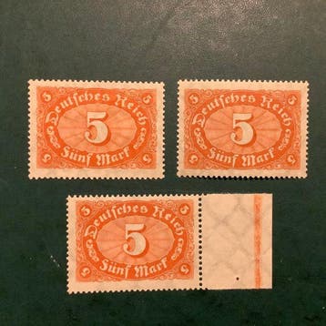 Duitse Rijk 1921 - 5 Mark in de drie nuances allen gekeurd, Postzegels en Munten, Gestempeld