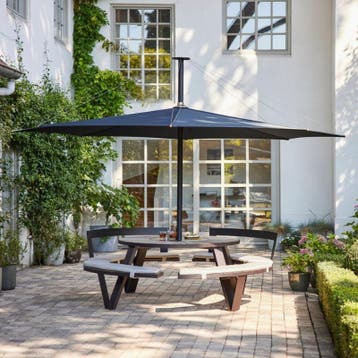 Extremis Pantagruel picknicktafel + Inumbra parasol 400cm, Tuin en Terras, Zo goed als nieuw, Rond, Metaal