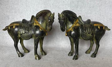 Beeld, Paar Tang-Dynastie stijl paarden - 28 cm - Brons