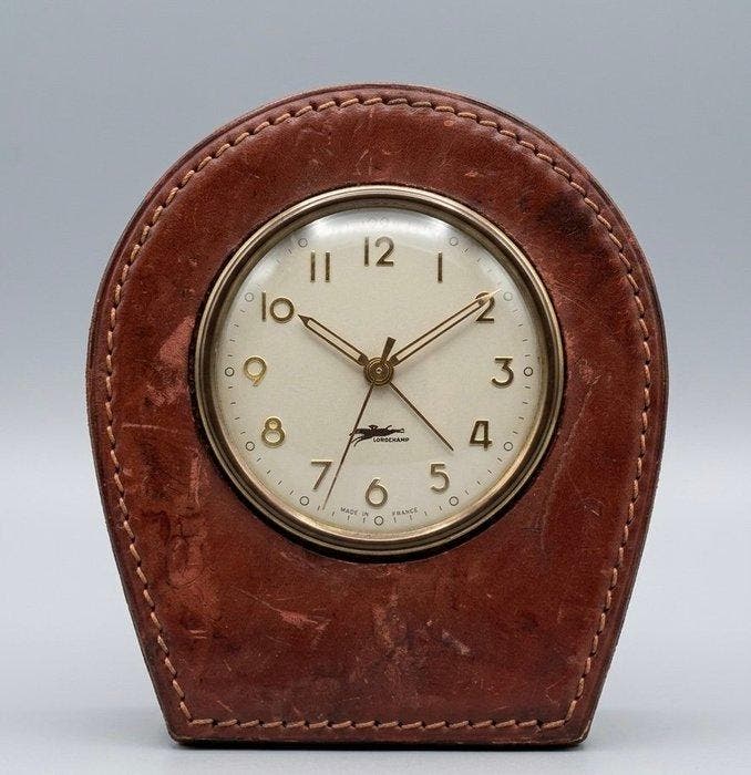 Bureauklok - Vintage Leder - 1950-1960 - LongChamp Leer en, Antiquités & Art, Antiquités | Horloges