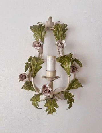 Wandlamp (2) - Metaal, Porselein - Florentijnse wandlampen