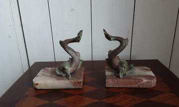Beeld, Boekensteunen - 12.5 cm - Brons, Marmer