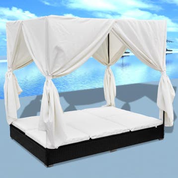 vidaXL Loungebed met gordijnen poly rattan zwart, Verzenden