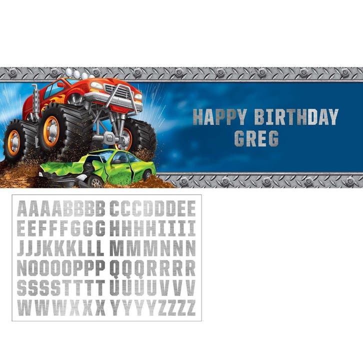 Monster Truck Banner Personaliseerbaar 1,5m, Hobby & Loisirs créatifs, Articles de fête, Envoi