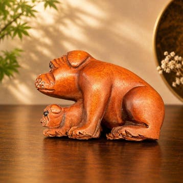 Netsuke canin signé Yoshikawa — buis taillé à la main