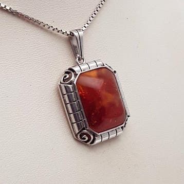 Zilver, Art Deco, Amber - Ketting met hanger