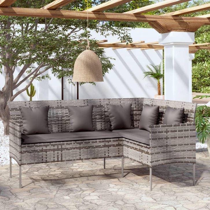 vidaXL Loungebank met kussens L-vormig poly rattan grijs, Tuin en Terras, Tuinsets en Loungesets, Nieuw, Verzenden