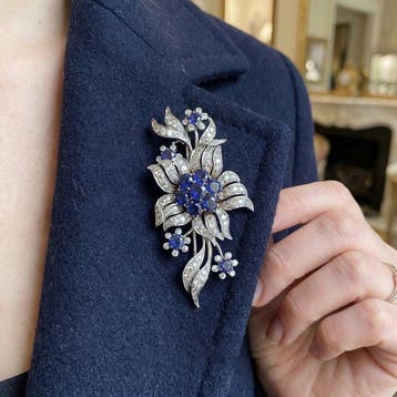 Broche Platina - Vintage Palladium saffier en diamant