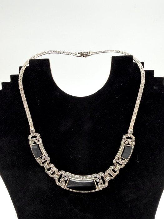 Zonder minimumprijs - Halsketting Zilver Onyx - Art Déco, Handtassen en Accessoires, Kettingen