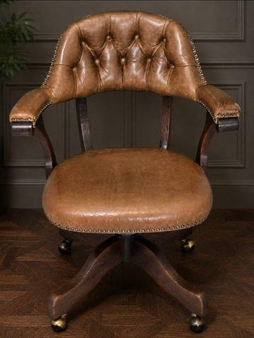 Chaise de bureau - Bois, Cuir, Fonte - Chaise du capitaine, Antiquités & Art
