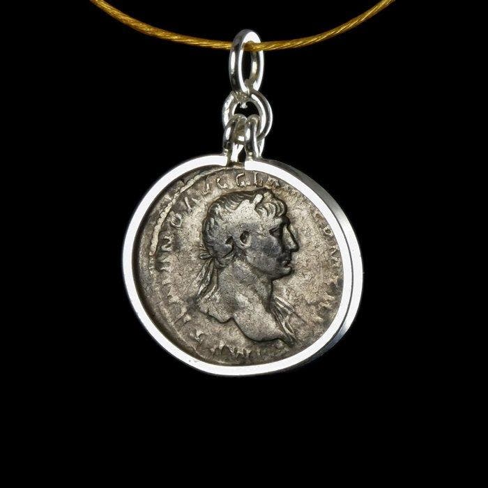 Oud-Romeins, Keizerrijk Zilver Coin pendant, Keizer Trajanus, Antiquités & Art, Antiquités | Autres Antiquités