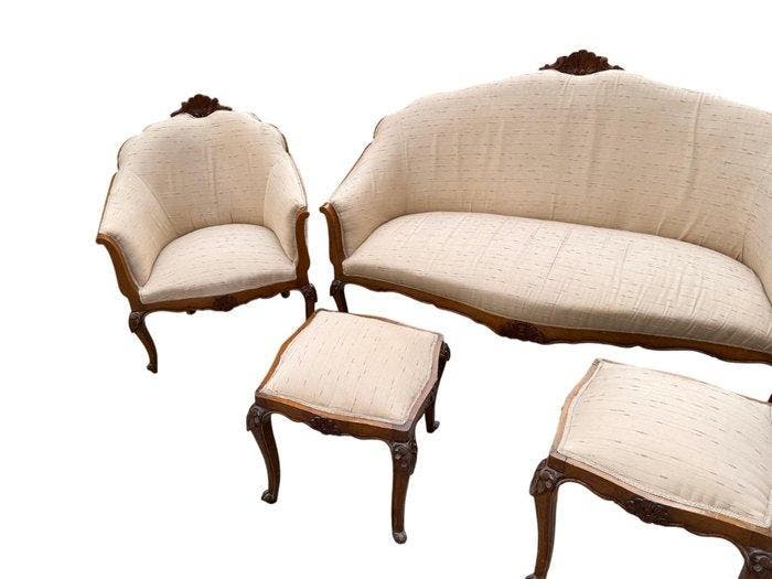 Zitgroep - Walnoot - Woonkamerset in Luigi XV-stijl - bank,, Antiquités & Art, Curiosités & Brocante