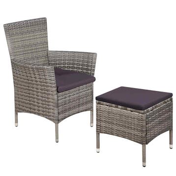 vidaXL Tuinstoel en kruk met kussens poly rattan grijs, Verzenden
