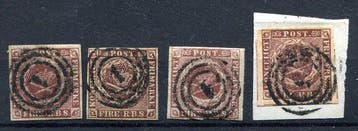 Denemarken 1851/1858 - FIRE RPSB, bruin 13 x + 4 sh bruin 1, Gestempeld