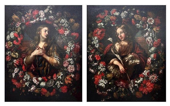 Scuola fiamminga-italiana (XVII) - Santa penitente e San, Antiquités & Art, Art | Peinture | Classique