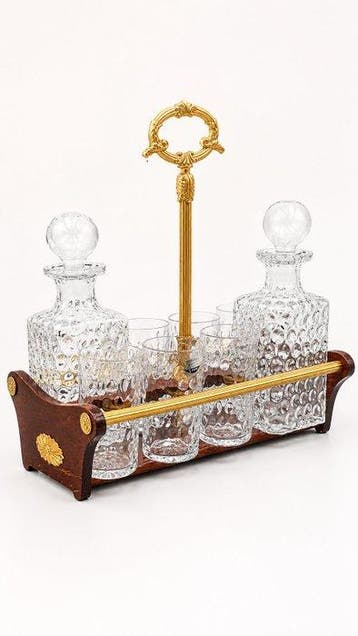 Karaf - Kristal, Hout, Metaal - Vintage likeurservies