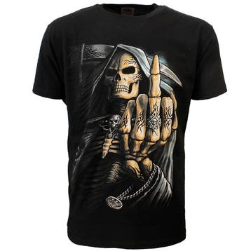 Grim Reaper Tribal Middelvinger T-Shirt Zwart, Nieuw