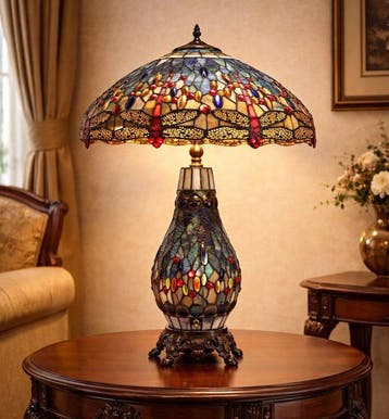 Lamp - Tiffany style - dragonfly - Messing, Glas, Antiek en Kunst