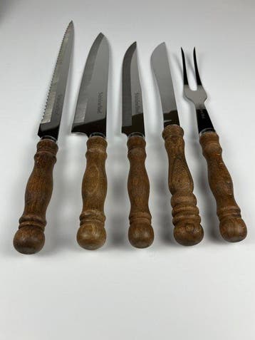 Vintage Wooden Handle Kitchen Knife & Carving Fork Set (5) -