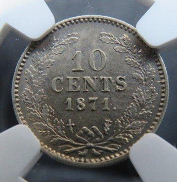 Nederland. Willem III. 10 Cents 1871 in slab, Timbres & Monnaies, Monnaies | Pays-Bas
