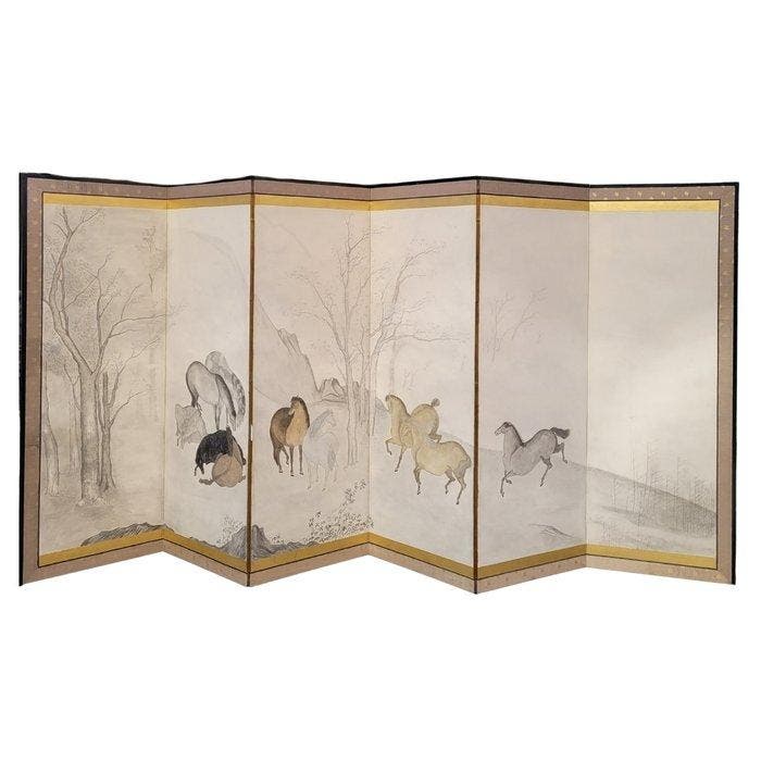 Biombo Byôbu Wildpaarden, Kano-school, Edo-periode, 19e, Antiquités & Art, Antiquités | Autres Antiquités