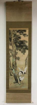 Pine Twin Cranes / Japanese Vintage Hanging Scroll KAKEJIKU, Antiek en Kunst