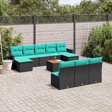 vidaXL 11-delige tuinbankset met kussens, zwart polyrotan, Verzenden, Nieuw