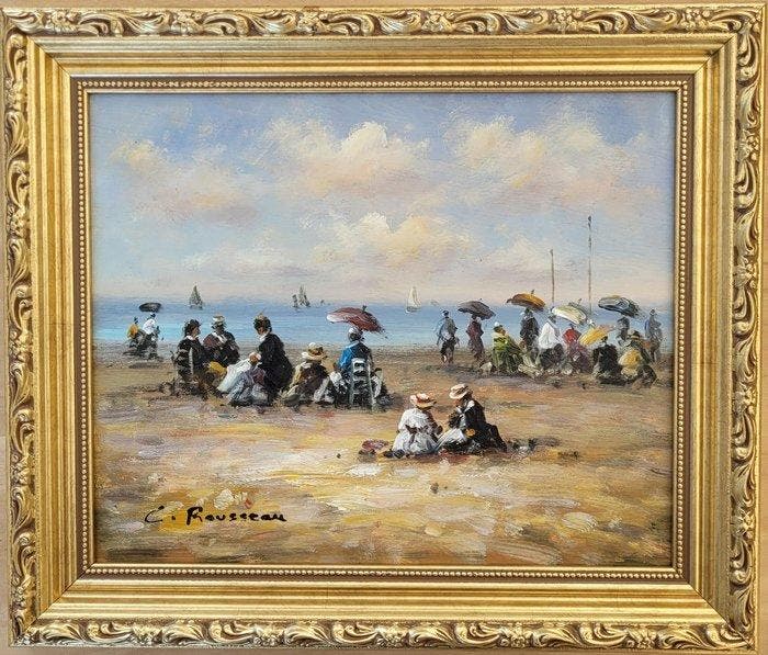 Camille Rousseau (1949) - Normandie ~ Animation sur la plage, Antiquités & Art, Art | Peinture | Classique