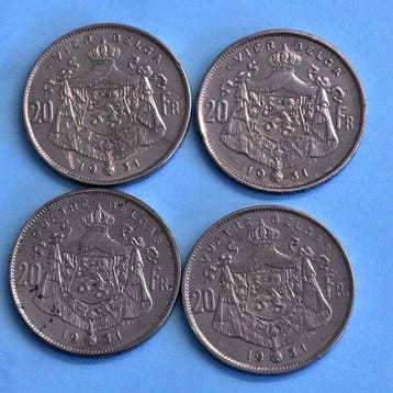 België. Albert I. 20 Francs/4 Belga 1931 Vier verschillende