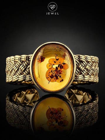Bague en ambre naturel - Argent 925 plaqué or - Bijou
