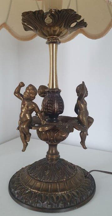 Tafellamp met beeldje - Brons, Messing - Lamp met drie, Antiek en Kunst