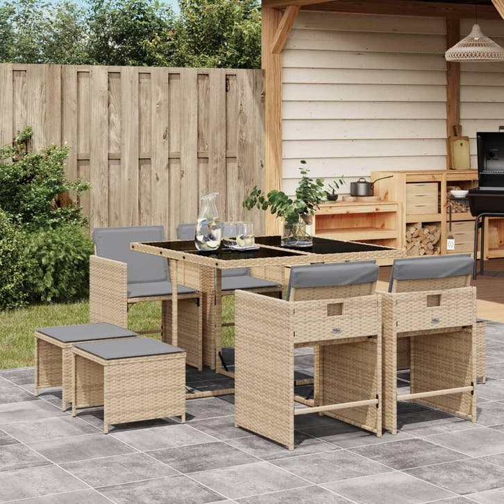 vidaXL 9-delige Tuinset met kussens poly rattan gemengd, Tuin en Terras, Tuinsets en Loungesets, Tuinset, Nieuw, Verzenden