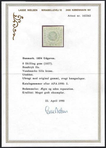 Denemarken 1854 - Wapen 8s groen - Certificaat Nielsen - Nº, Gestempeld