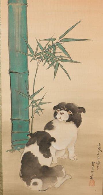 rouleau suspendu de chiots - Soie, bois, os - Signed - Japon