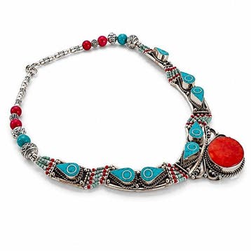 Turkoois, koraal - vintage Tibetaans zilver - Halsketting