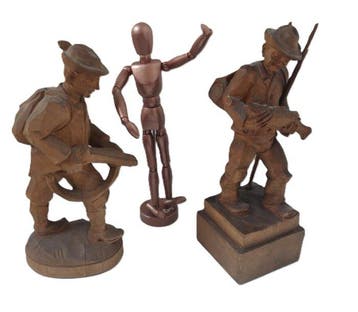 Snijwerk, Sammlung - Alte Holzfiguren - Jäger + Fischer +
