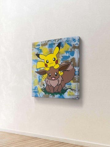 isem (1985) - Pikachu X evoli X pokemon (size 77x75cm), Antiek en Kunst, Kunst | Schilderijen | Modern