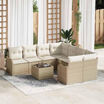 vidaXL Tuinbank Set 9 pcs Beige en Crème Poly Riet en Staal, Verzenden, Nieuw