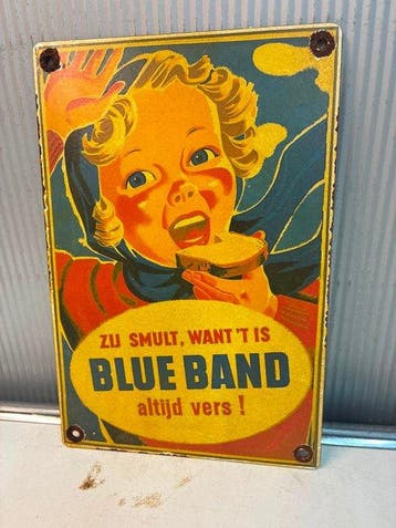 Vintage Blue Band emaille reclamebord – “Altijd vers” –