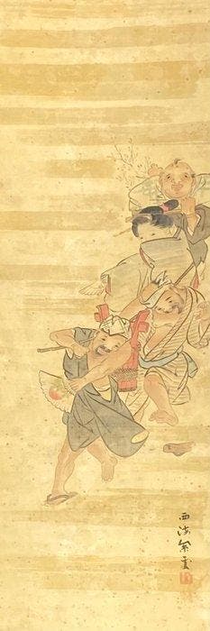 Paar Japanse figuren schilderijen: Volksfestival-scène, Antiek en Kunst