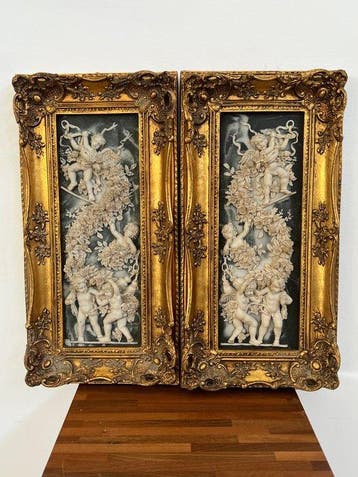 sculptuur, Putti e festoni - 56 cm - Hars