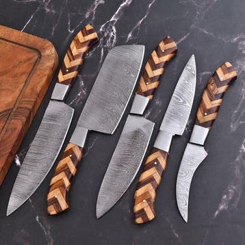 Keukenmes - Rozenhout, Olijfhout, Handgemaakt Gevouwen staal, Antiek en Kunst